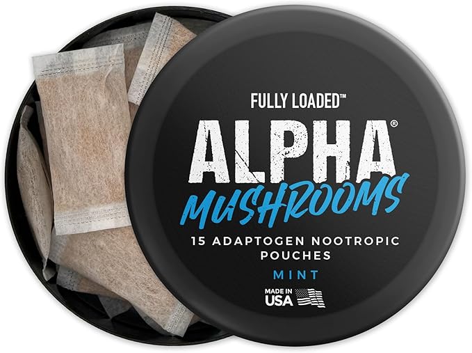 Fully Loaded Alpha Mushrooms - Adaptogen Nootropic Pouches (5-Pack, Mint) - - Lion's Mane, Cordyceps, & Chaga - 5 cans, 15 Pouches per can - Functional Mushrooms - Made in The USA