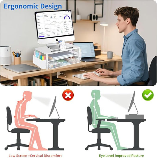 AUPSEN White Monitor Stand Riser, 2-Tier Wood Computer Desk Organizer with Drawer, Pen Storage & Phone Holder, Office Desk Accessories Desktop Organizer for Office Supplies