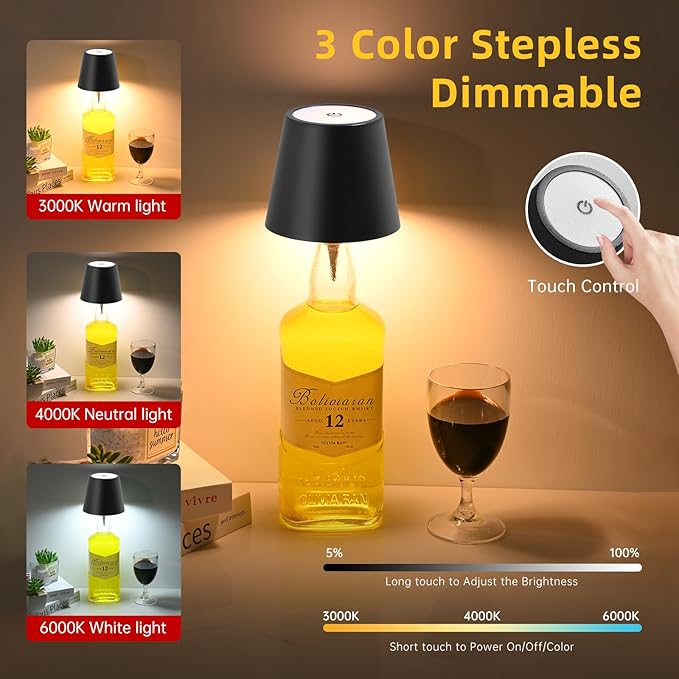 realmoon Wine Bottle Light Wireless Wine Bottle Light - Stylish 3 Color Dimmable LED Wine Bottle Light - Perfect for Dining Room, Bedroom and Bar Atmosphere(Black)
