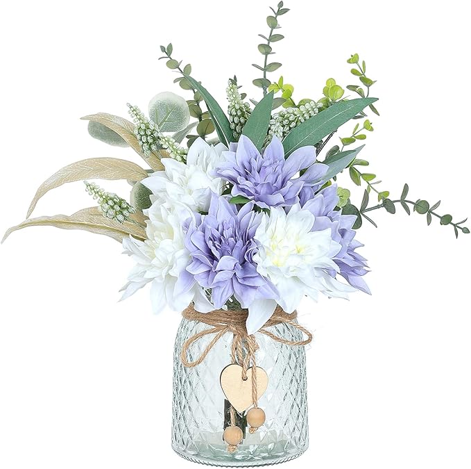 Faux Flowers with Vase,Artificial Silk Flowers in Vase, Fake Plant Eucalyptus and Willow,Flower Arrangement for Home Farmhouse kitchen Dining Table Centerpiece Decorations Table Decor (Dusty Purple)