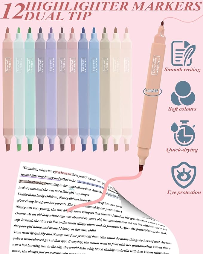 54Pcs Aesthetic School Supplies Set with Large Pastel Pencil Case 12 Dual Tip Highlighters, 6 Gel Pens, 5 Black Pens, 5 Mechanical Pencils (0.5-2.0mm) - Nursing School & College Essentials Gifts