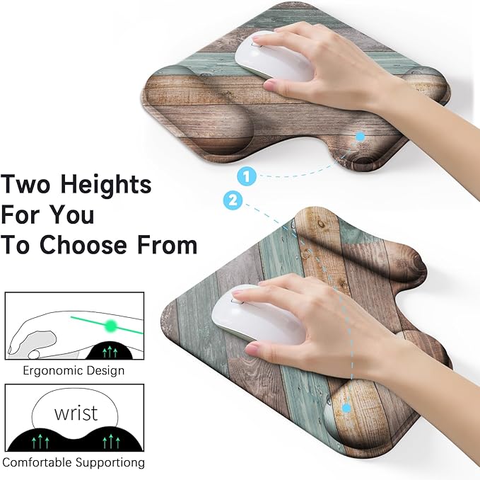 Ergonomic Mouse Pad with Gel Wrist Rest (1"& 1.2" Dual Height) - Mouse Pads Compact Mousepad Desk Mat Office, Gaming & Carpal Tunnel Relief | Non-Slip Rubber Base Rustic Wood Pattern