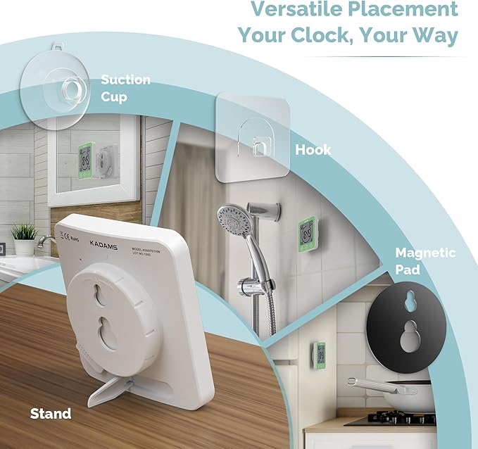 KADAMS Shower Clock Waterproof Bathroom Timer – Digital Wall Clock with Countdown, Magnetic Kitchen Clock with Temperature & Humidity, Suction Cup for Kids Shower Spa Sauna Cook Bath (Green)