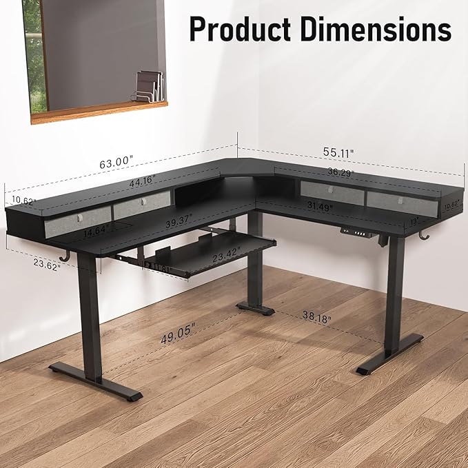 L Shaped Standing Desk with USB Charging Port & 4 Drawers,63 x 55 inch Electric Adjustable Height Corner Stand Up Desk with Keyboard Tray & Storage,Sit Stand Computer L Table for Gaming Office