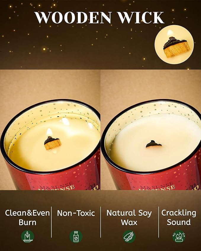 M&SENSE Festival Cheer Wooden Wick 18oz Almond & Apple Scented Clean Natural Soy Wax Candle, 100 Hours Burn Aromatherapy Large Candle for Housewarming Bathroom Bedroom