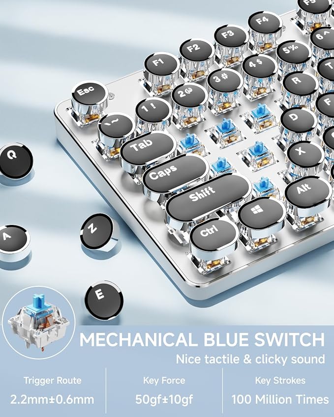 EWEADN TK950 Typewriter Keyboard Wireless Mechanical Keyboard, 104 Keys Aesthetic Typewriter Keyboards with White Backlit, Anti-Ghosting, Blue Switch Bluetooth/2.4GHz/Wired Cute keyboards-Black