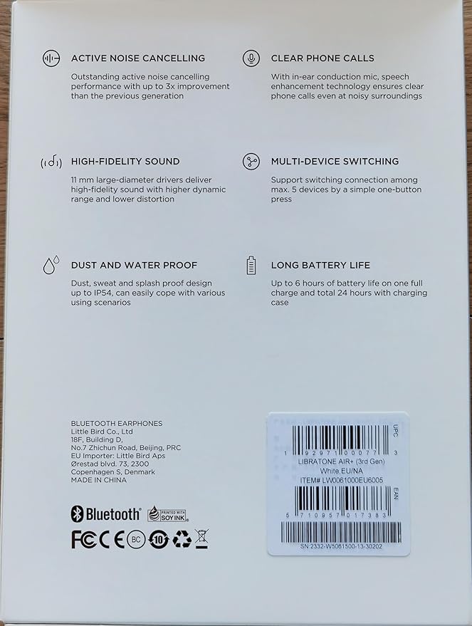 Libratone AIR+ 3 True Wireless in-Ear Headphones, Industry Leading Active Noise Cancelling, 11mm Dynamic Drivers, IP54 Rated dust and Water Resistent, 24 Hours of Battery Life (White)