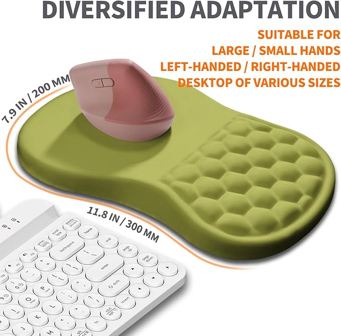 Ergonomic Joint Wrist Support Mouse Pad with Memory Foam Cushion Massage Bump, Carpal Tunnel Pain Relief Mousepad Slope Design for Wrist Rest, 11.8x7.9 in, Khaki Green