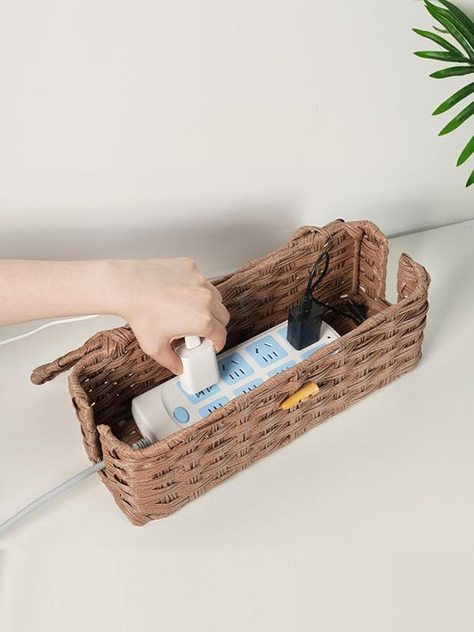 Temary Cable Management Box with Lids, 2-Pack Handmade Cable Organizer Boxes for Home, Office to Hide Cords and Power Strip, Cord Cover Floor Hider Set Woven Rattan Cable Organizer Box (Brown)