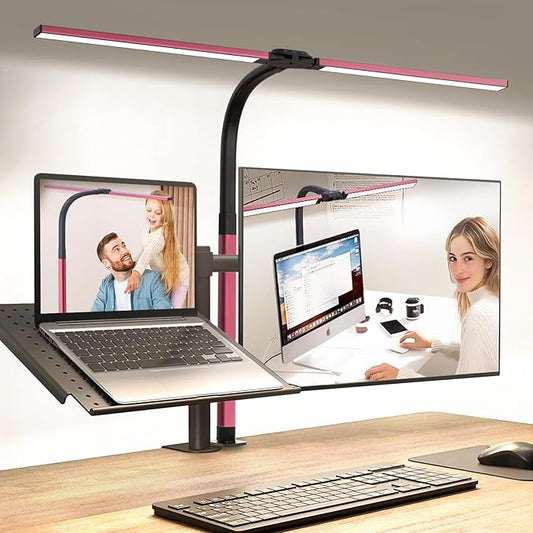LED Desk Lamp for Home Office, Eye-Caring Desk Light with Clamp, Stepless Dimming 24W Double Head Architect Task Lamp with Remote Control, Flexible Gooseneck for Working Studying Reading Drafting（RED)