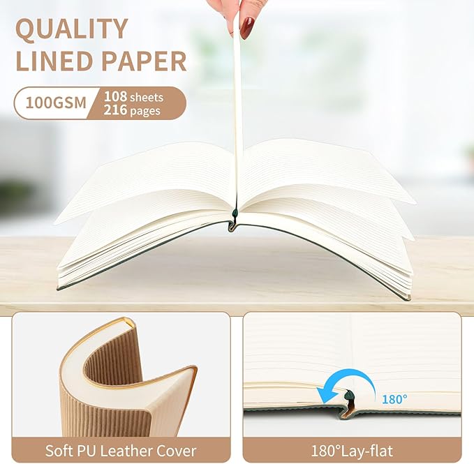 TSFPapier A5 Lined Notebook with Pen & Gift Box 216 Pages PU Leather Journals for Women Men 100GSM Thick Paper College Ruled Notebook for School,Travel,Business,Work,Home Writing (A5 Lined 216pages, Khaki - Gift Box Set)