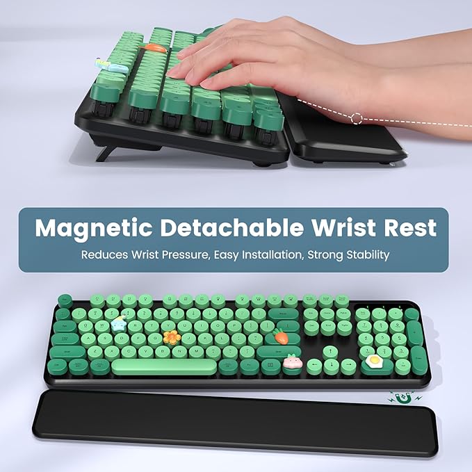 Wireless Keyboard and Mouse Combo-Round Keycaps, Full-Size Retro Typewriter Keyboard with Detachable Wrist Rest, Sleep Mode & Tilt Legs, 2.4GHz Cordless Connection for Mac/Windows/PC (Black & Green)