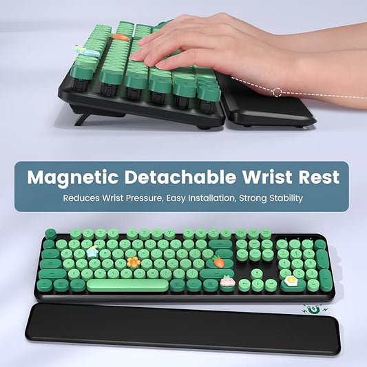 Wireless Keyboard and Mouse Combo-Round Keycaps, Full-Size Retro Typewriter Keyboard with Detachable Wrist Rest, Sleep Mode & Tilt Legs, 2.4GHz Cordless Connection for Mac/Windows/PC (Black & Green)