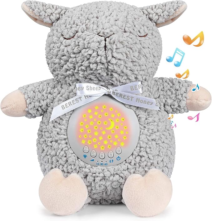 BEREST Baby Sleep Soother with Projector Night Light & Cry Sensor, Rechargeable Musical Plush Toy with White Noise, Heartbeat, Shushing for Newborns, Infants Shower Gift (A11-Projetor Grey Sheep)