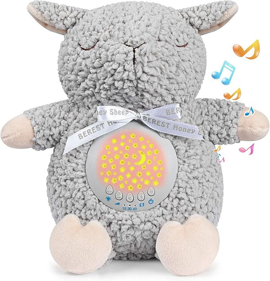 BEREST Baby Sleep Soother with Projector Night Light & Cry Sensor, Rechargeable Musical Plush Toy with White Noise, Heartbeat, Shushing for Newborns, Infants Shower Gift (A11-Projetor Grey Sheep)