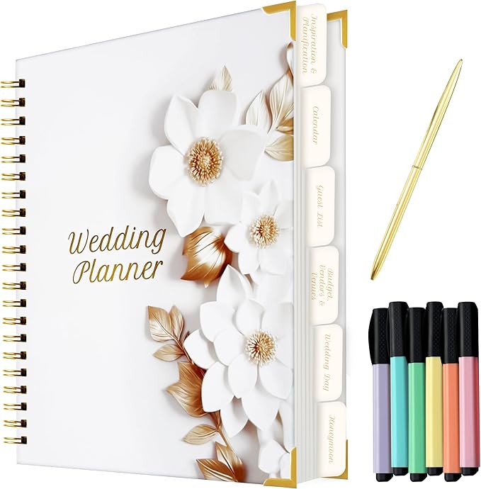 Wedding Planner with Pen and Highlighter Markers, Wedding Planner Book and Organizer with Metal Corners, White Wedding Planning Book - Hardcover Bridal Planner Gift for Bride to Be