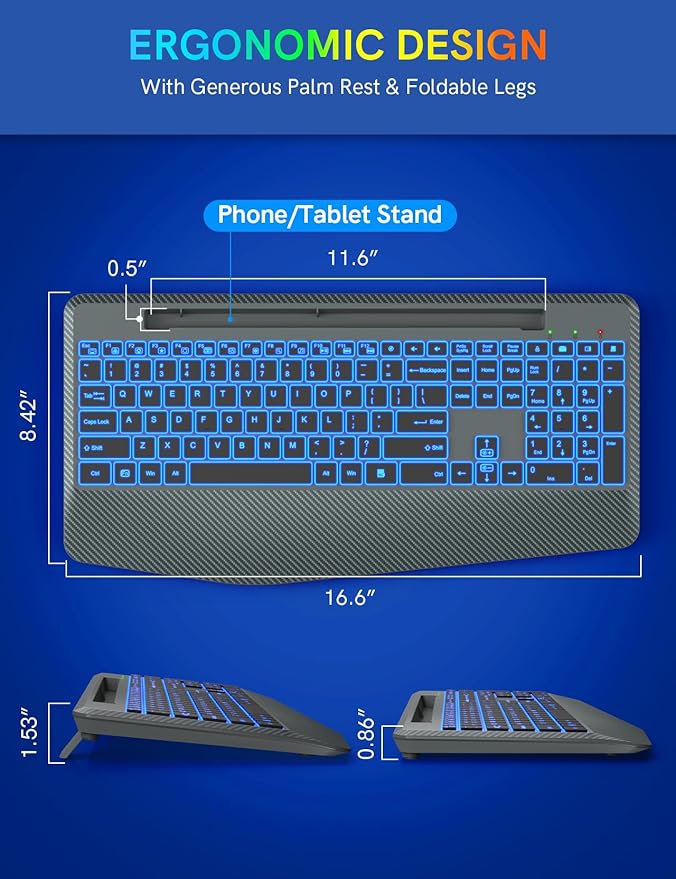 Wireless Keyboard with 7 Colored Backlit, Wrist Rest, Phone Holder, Rechargeable Ergonomic Computer Keyboard with Silent Key, Full Size Lighted Keyboard for Windows, MacBook, PC, Laptop (Gray)