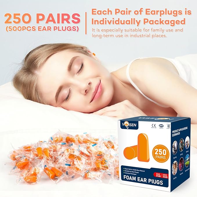 VOISEN Ear Plugs,250 Pairs Ear Plugs for Sleeping,32dB NRR 37dB SNR Ear Plugs Noise Cancelling for Snoring, Studying, Loud Events, Traveling & Concerts, Individual Package