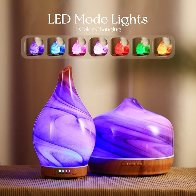 Porseme 150ml Essential Oil Diffuser Glass Color Changing Aroma Air Diffusers Aromatherapy Ultrasonic Cool Mist Humidifier 6 Running Hours Waterless Auto-Off for Sleeping Yoga (Reddish Brown)