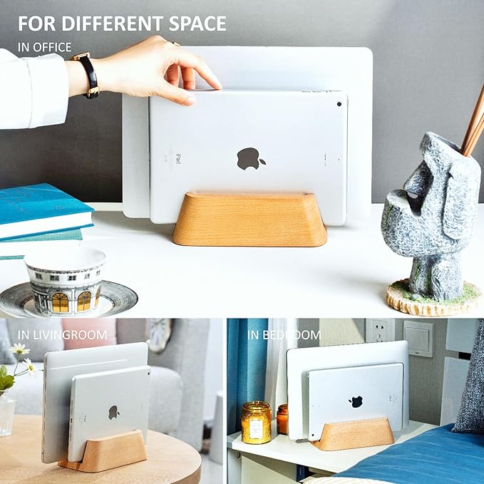 ACODE Wood Vertical Laptop Stand, Laptop Holder for Desk Compatible with MacBook Pro Air Surfaces,Laptops Storage Rack Slot Thickness 0.59" to 0.71"，Vertical Laptop Stand 2 Slots for max 2 Devices