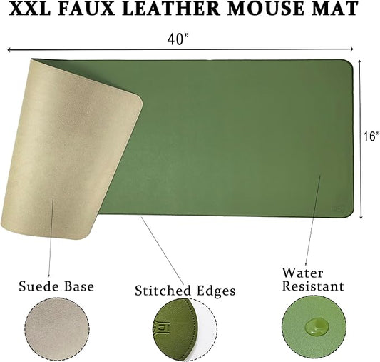 PU Leather Desk Mat| Premium Mouse Pad with Bonus Coaster | Stylish, Durable, Waterproof Mouse Pad for Office & Home (Green, XXL - PU Gift Set)
