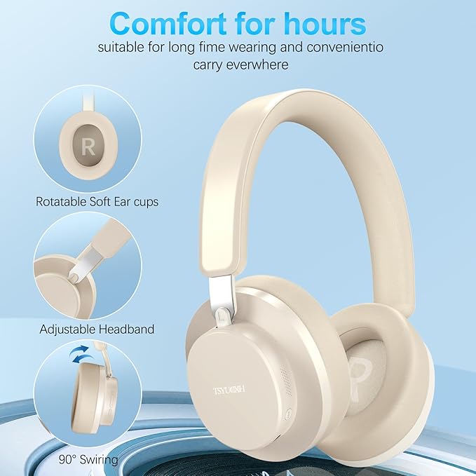 Noise Cancelling Headphones Wireless Bluetooth, Over Ear Headphones Bluetooth with Microphone, Cancelling Wireless Headphone Over Ear, 65h Playtime, Clear Calls, Comfort Fit For Travel (Beige)