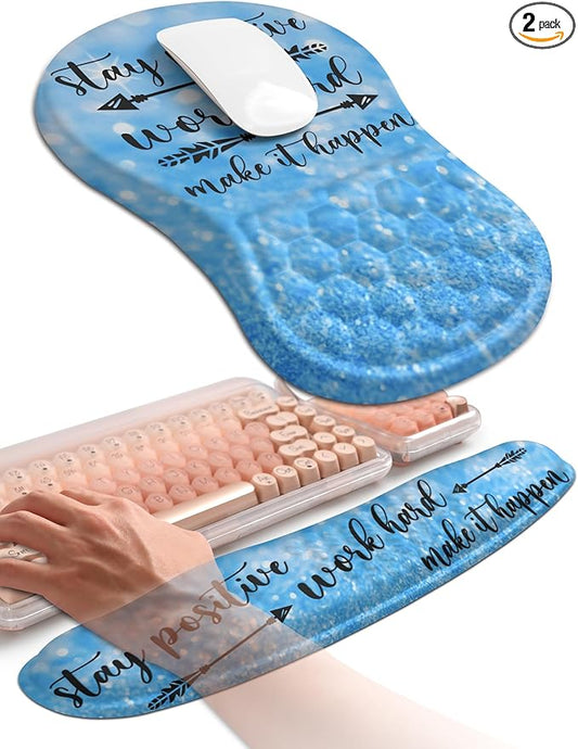 Hokafenle 2in1 Combination, Wave Keyboard Wrist Rest and Ergonomic Curvature Mouse Pad Wrist Support for Relieve Wrist Pain, Filled with Soft Cushion Memory Foam, Stay Positive