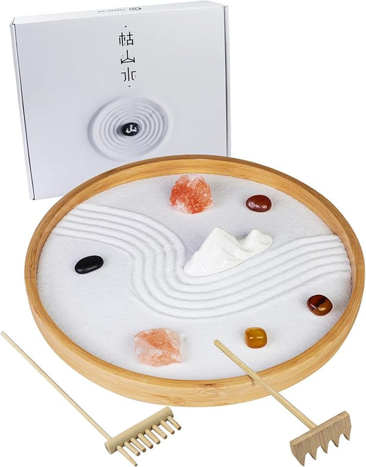 Melonva Japanese Zen Garden for Desk - Static Mountain 10" x 10" Desktop Mini Zen Garden with White Sand Artificial Tree Rocks Rakes & Accessories - Meditation Zen Gifts Sand Garden Kit for Office
