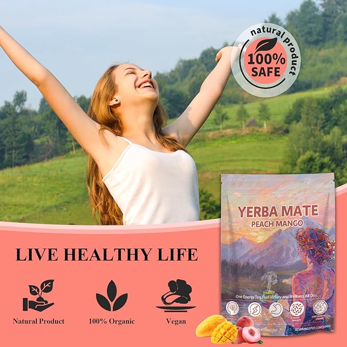 Yerba Mate Instant Tea Powder - Clean Energy, Boosts Focus, Low Sugar & Caffeine, Gut Health, Peach Mango - 30 Servings