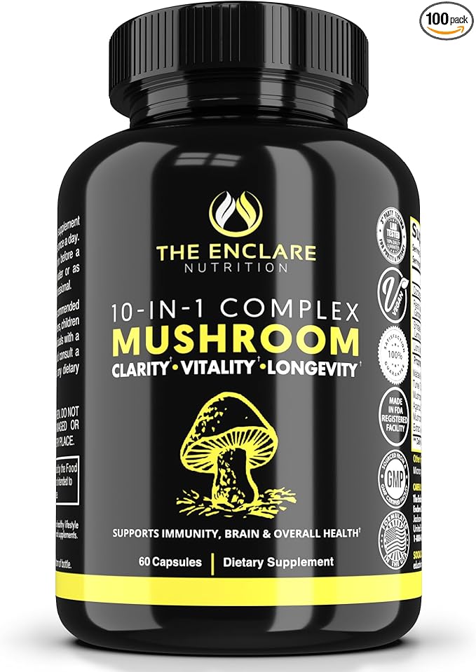 THE ENCLARE NUTRITION Mushroom Supplement 10in1 Complex Immune Support Lions Mane, Reishi, Turkey Tail, Cordyceps, Chaga, Maitake, Shiitake, Agaricus: Nootropic Brain, Energy Booster (1)