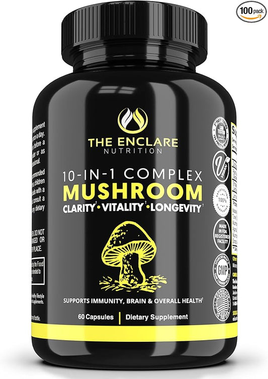 THE ENCLARE NUTRITION Mushroom Supplement 10in1 Complex Immune Support Lions Mane, Reishi, Turkey Tail, Cordyceps, Chaga, Maitake, Shiitake, Agaricus: Nootropic Brain, Energy Booster (1)