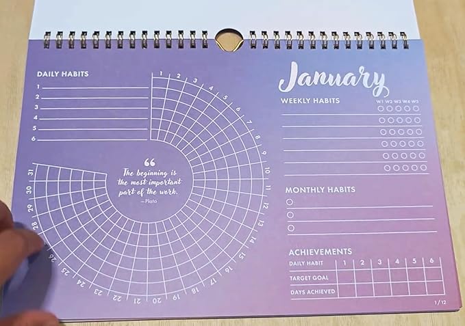 12-Month Habit Tracker Calendar – Gradient Spiral Wall Planner for Goals & Productivity, Daily/Weekly/Monthly Tracking, Wire-O Hanger, Thick 200 gsm Paper, Year-Neutral Months