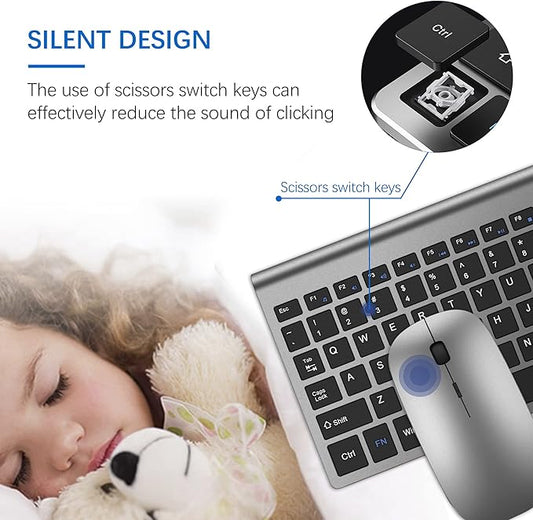 Wireless Keyboard and Mouse Ultra Slim Combo, TopMate 2.4G Silent Compact USB 2400DPI Mouse and Scissor Switch Keyboard Set with Cover, 2 AA and 2 AAA Batteries, for PC/Laptop/Windows/Mac - Gray Black