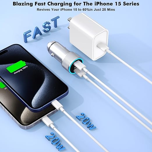 iPhone 15 Car Charger Fast Charging, 20W Dual Port USBC Car Charger 20W PD iPhone 15 Charger 2Pack 3FT USB C to USB C Car Charging Cable for iPhone 15/15 Plus/15 Pro Max/iPad Mini 6/iPad Air4/iPad Pro