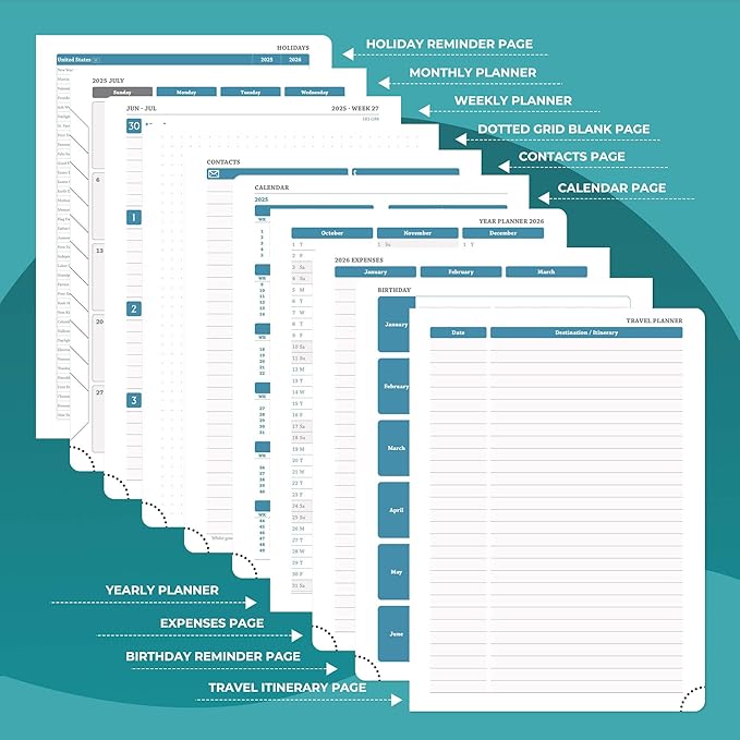 Planner 2025-2026 Daily Weekly and Monthly,8.5"x6.5",18 Months Spiral Bound Calendar Agenda with Self-adhesive Pen Holder,2026 Academic Plan with Vegan Leather Soft Cover,Light Blue