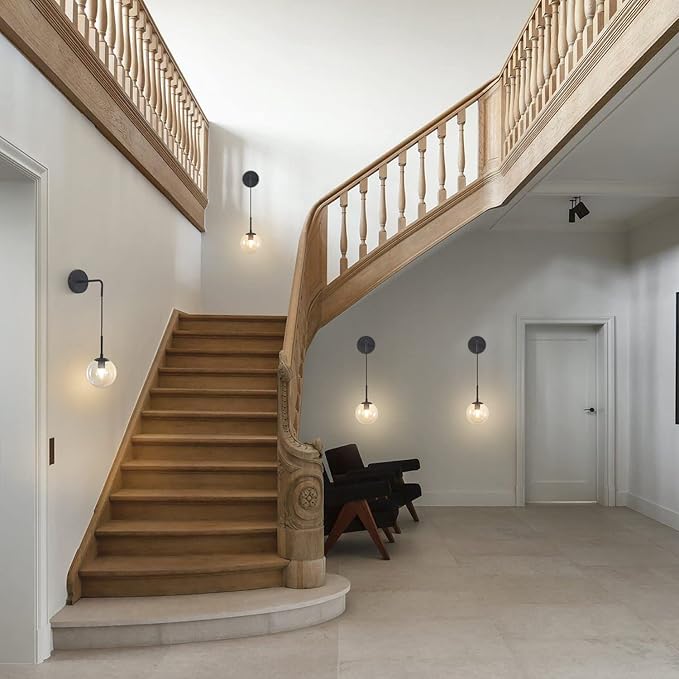 BOKT Matte Black Amber Glass Round Wall Sconce Light Mid Century Modern Globe Bathroom Wall Sconce Lamp Farmhouse Industrial Adjustable Bar Wall Light Fixture (Black+Amber)