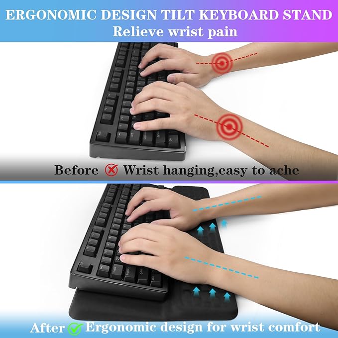Computer Keyboard Stand Pad with Wrist Rest, Ergonomic Comfy Tilted Keyboard Stand Riser Holder Pad for Office Home (Black)