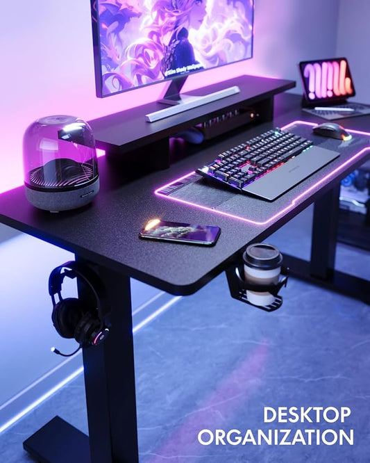 FLEXISPOT Standing Desk with Monitor Stand, 48 x 24 Inches One-Piece Electric Height Adjustable Computer Desk with Cup Holder, Home Office Desks (Black Frame+ Black Top)