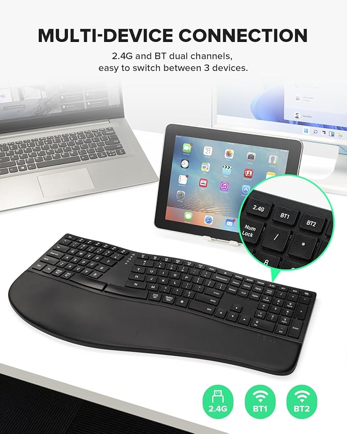 DeLUX Full Size Wireless Ergonomic Keyboard with Palm Rest, Ultra-Thin Split Keyboard, Bluetooth and 2.4G Connection, Rechargeable Battery, Natural Typing (GM909-Black)