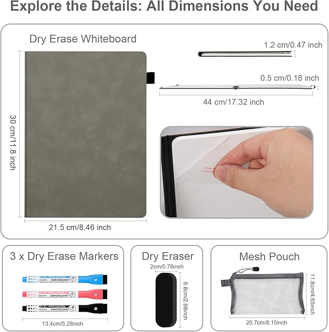 AGM Portable White Board Dry Erase Notebook, 12" x 9" Double Sided Folding Whiteboards with 3 Pens, Small Travel Dry Erase Board Skin-Friendly Material for Study, Meeting, Planning, Grey