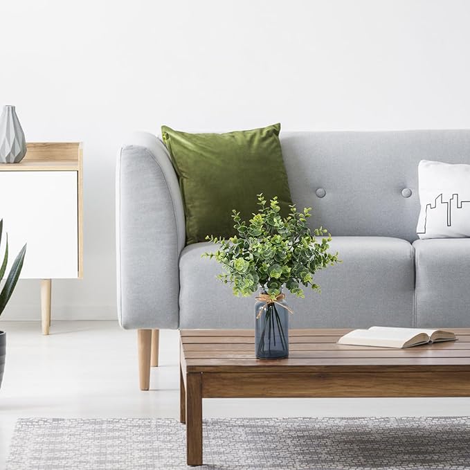 Leftover 8 PCS Faux Eucalyptus Stems in Black Glass Vase,Fake Plants Greenery Stems for Centerpiece Table Decorations,Fake Plants for Black Bathroom Decor(Sage Green)