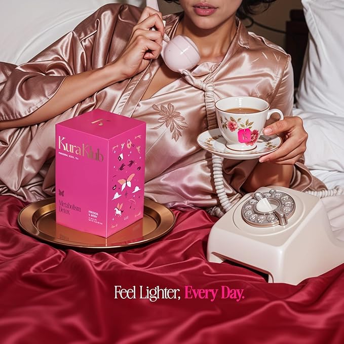 Kura Klub Green Tea Metabolism Blend — Herbal Detox & Beauty Support with Hibiscus| Clean Energy, Digestion & Bloat Relief | Strawberry Lemon Flavor | 14 Plant-Based Pyramid Tea Bags | No Microplastics