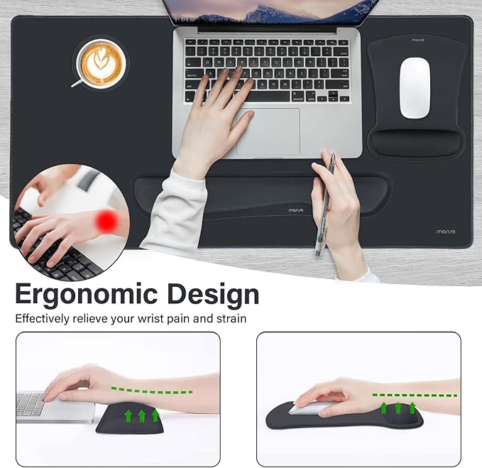 MOSISO Keyboard Mouse Pad Set, Large Gaming Mousepad&Keyboard Wrist Rest&Mouse Wrist Rest&Coaster, Ergonomic Non-Slip Mousepad&Easy Typing Cushion with Memory Foam for Home Office, Slate Gray