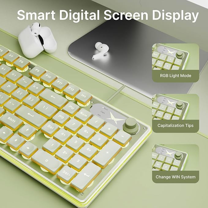 EWEADN F98 Wired Keyboard with Smart Display & Knob,98 Keys Aesthetic Computer Keyboards,Metal Panel,Cute Wired Cream Membrane Keyboard for Windows/PC-Green