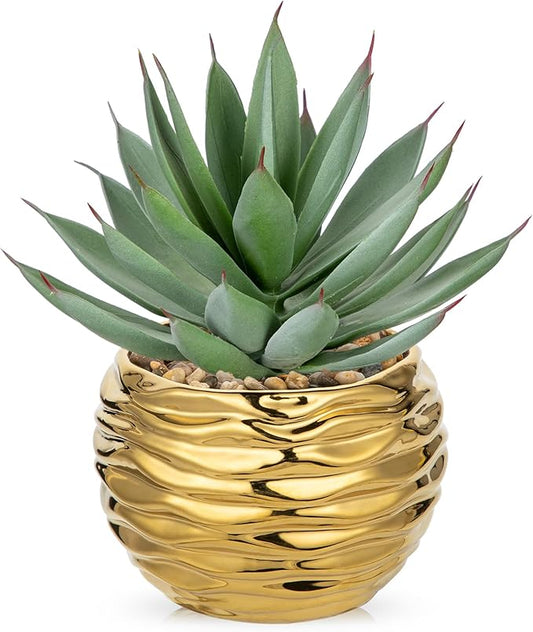 Briful Artificial Frosted Aloe Plant in Gold Ceramic Pot – 8.3” Tall Faux Succulent Agave with Decorative Pebbles – Realistic Indoor Decor for Office, Shelf, Desk, Living Room