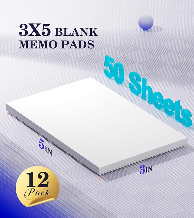 Note Pads 3x5 Small Memo Pads, 12 Pack Server Note Pads, Scratch Pads 3x5, Mini Note Pads White Paper 3x5'', 50 Sheets per Blank Note pads 3x5, Small Writing Pads 3X5 for Office School Home Supplies