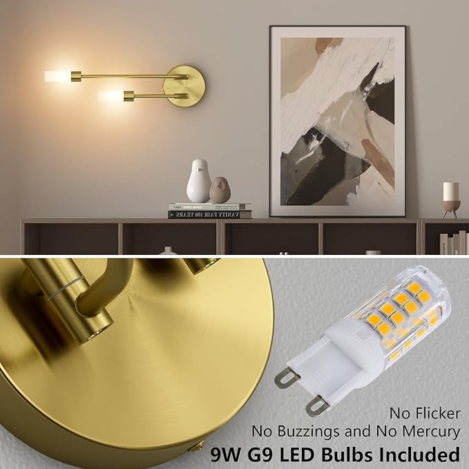 Tipace Gold Wall Sconce Set of 2,Indoor Mid Century Wall Light 2-Lights Bathroom Vanity Light Fixture with Glass Shade for Bedroom Living Room Hallway Kitchen Warm White 3000K(with G9 Bulbs)