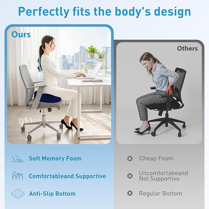 BlissTrends Seat Cushion,Thick Memory Foam Cushions for Office Chair, Car Seat, Airplane, Relieving Pressure Tailbone Sciatica Back Pain for Long Sitting Office Workers, Car Drivers 4.7in Thick Blue