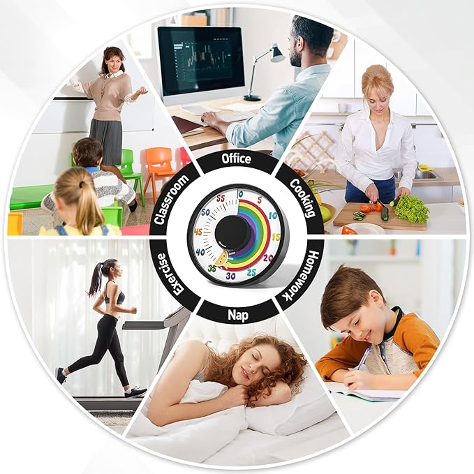 Secura 60-Minute Rainbow Visual Timer 6-Inch Mechanical Countdown Timers for Teaching, Meeting, Cooking, Working - Timer for Kids with Magnetic Backing (Black)