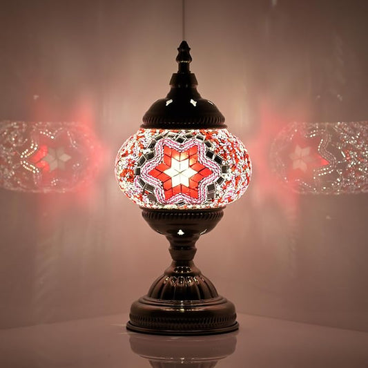 Turkish Moroccan Table Lamp Lantern with Handmade Mosaic Glass Lampshade Tiffany Style Bohemian Stained Glass Decorative Desk Lamps Bedside Night Lights for Bedroom (Pink)